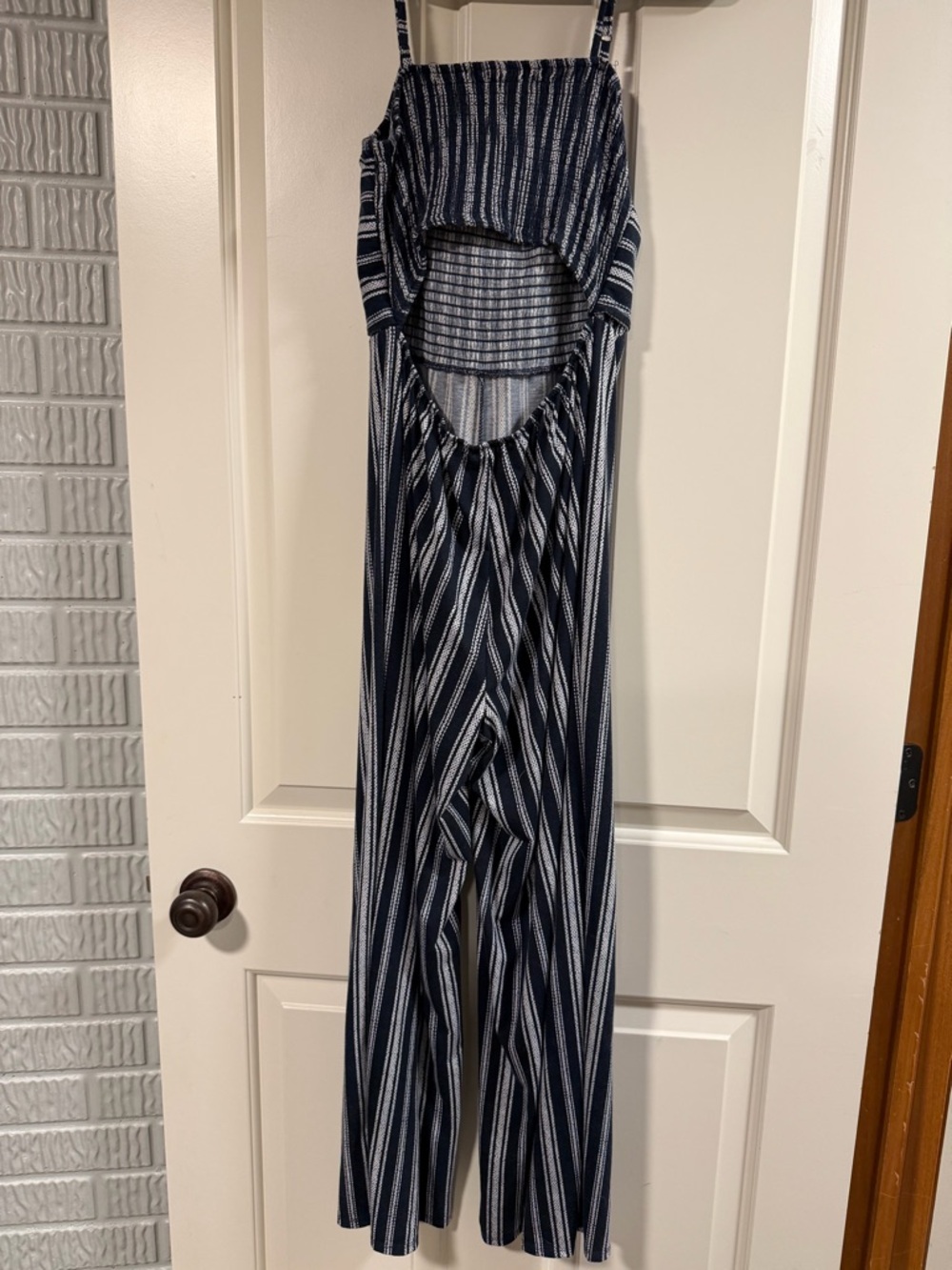 Blue & Navy Striped Tie Back Jumpsuit Medium Spaghetti Strap Open Back - Picture 4 of 5